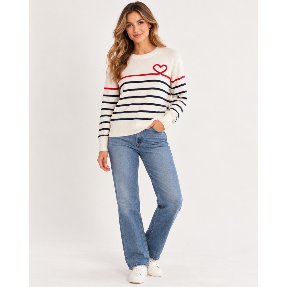 NWT LOFT Heart Stripe Sweater Size Large White Navy Red Crewneck